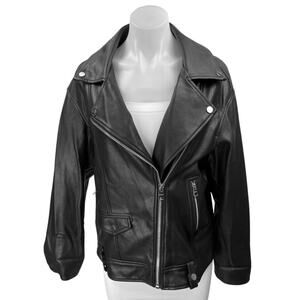 Bershka Women's Black Vegan Faux Leather Zip Up Notch Collar Moto Coat Jacket S